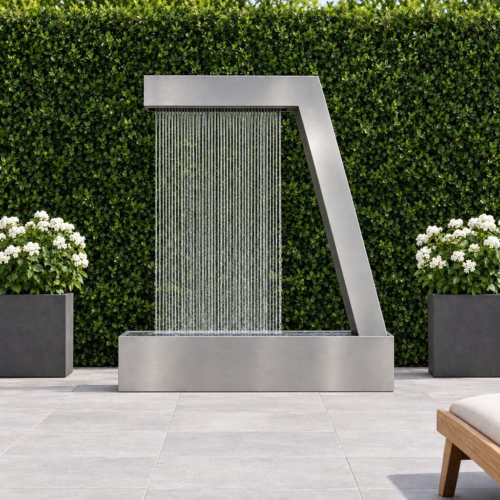 Stainless steel Zura Flow rain curtain fountain in front of a clipped green hedge with white flowers and a black planter