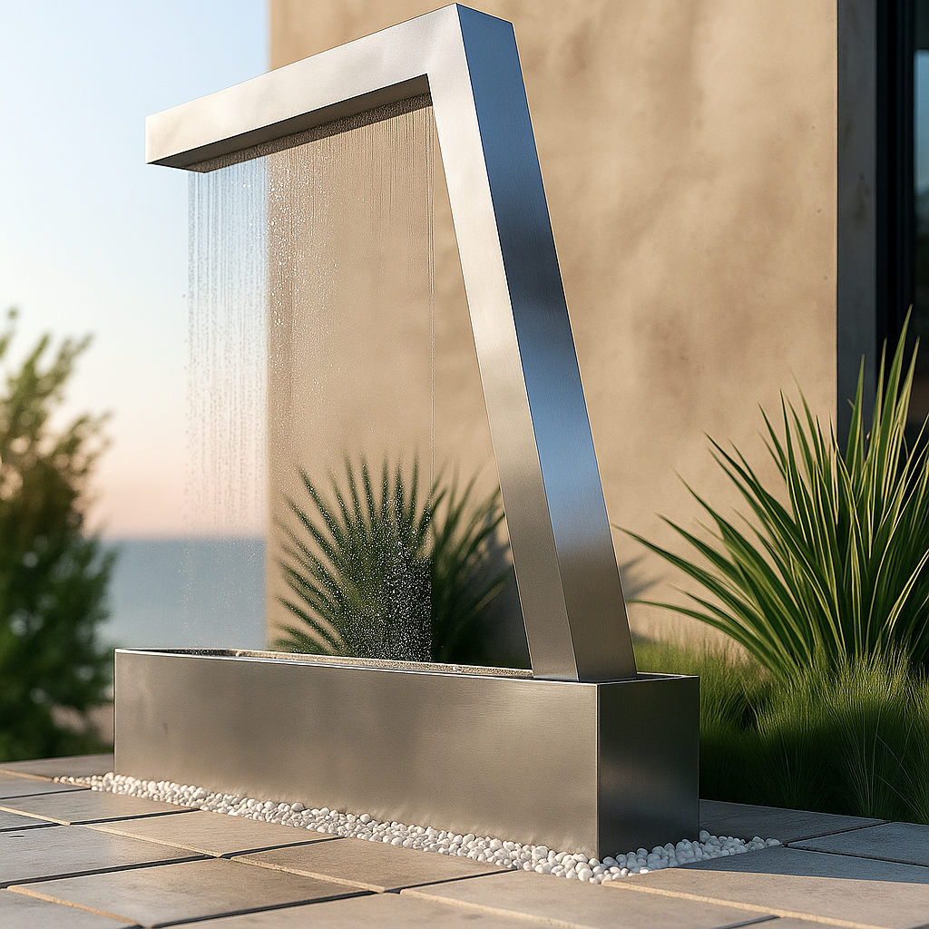 Close-up of water falling from the stainless steel Zura Flow fountain's top beam into the basin with an ocean view at dusk