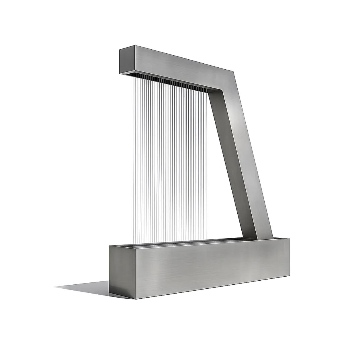 Polished stainless steel Zura Flow rain curtain fountain on a white background, water falling from the angled top beam