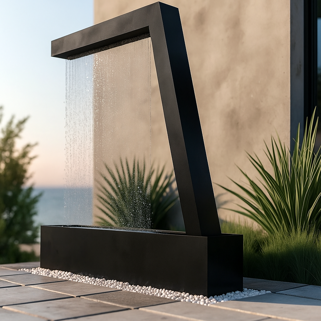 Close-up of water falling from the black Zura Flow fountain's top beam into the basin with an ocean view at dusk