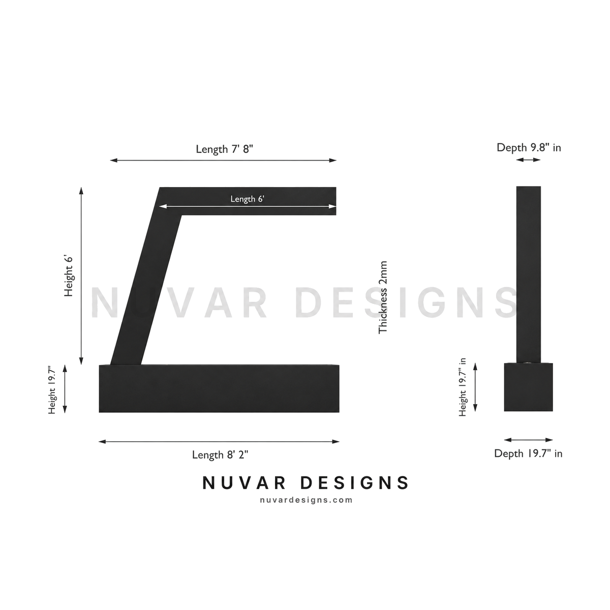 Zura Flow 6ft size guide with dimensions, black finish