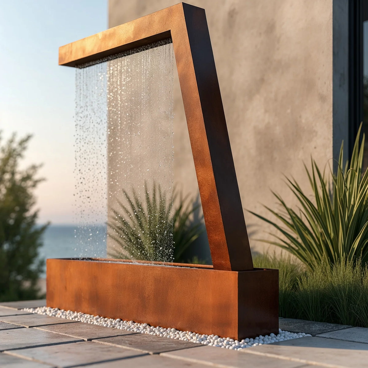 Close-up of water falling from the corten steel Zura Flow fountain's top beam into the basin with an ocean view at dusk