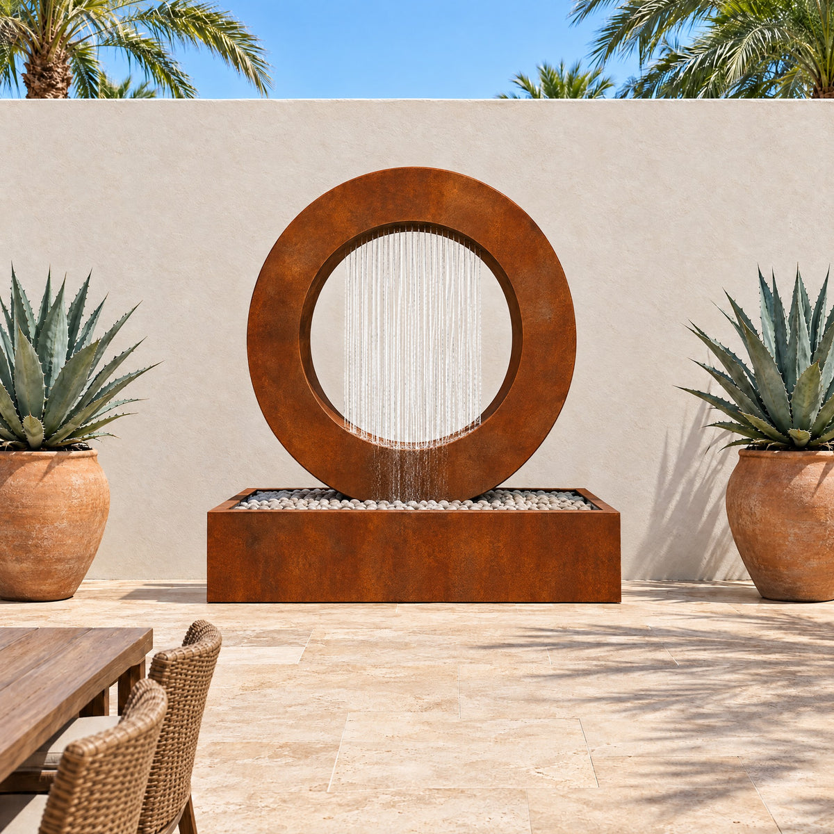 Corten steel Halo rain curtain fountain centered against a white stucco wall on a travertine patio between two potted agaves