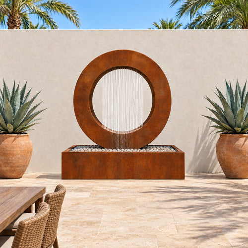 Corten steel Halo rain curtain fountain centered against a white stucco wall on a travertine patio between two potted agaves
