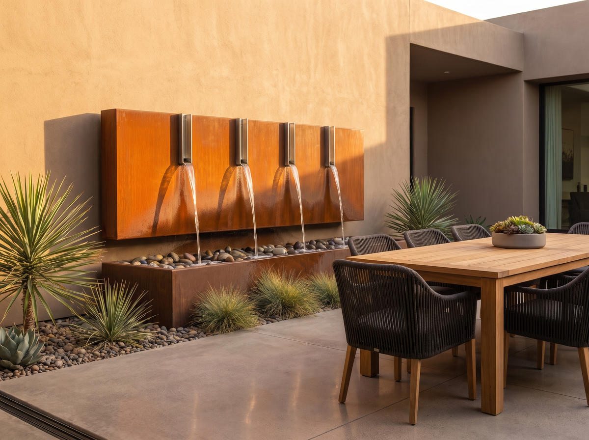 Corten steel wall fountain in modern courtyard