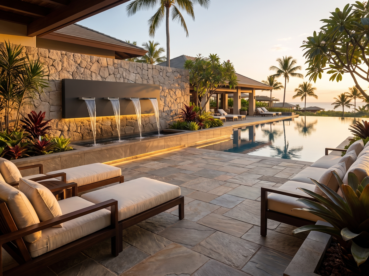 Black wall fountain on luxury resort poolside patio