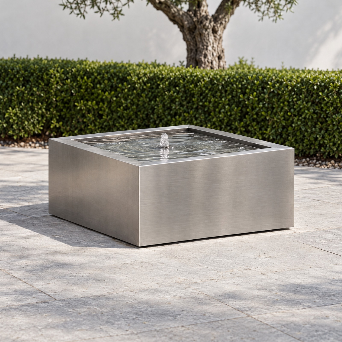 Mesa Square stainless steel fountain in a minimalist courtyard garden