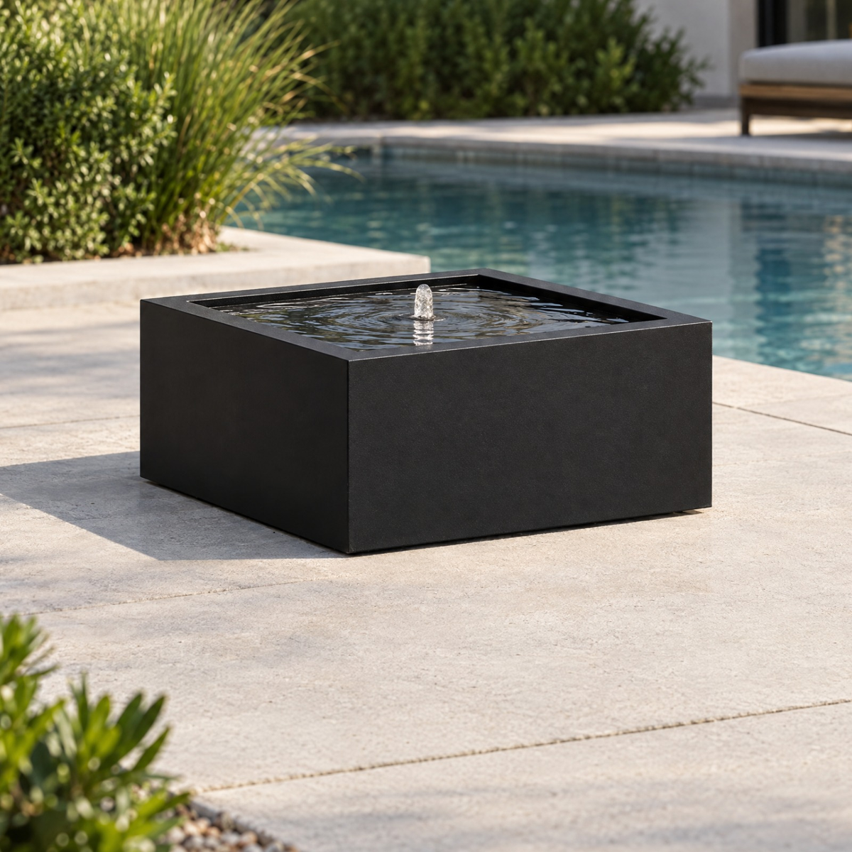 Mesa Square black powder coated steel fountain beside a modern pool