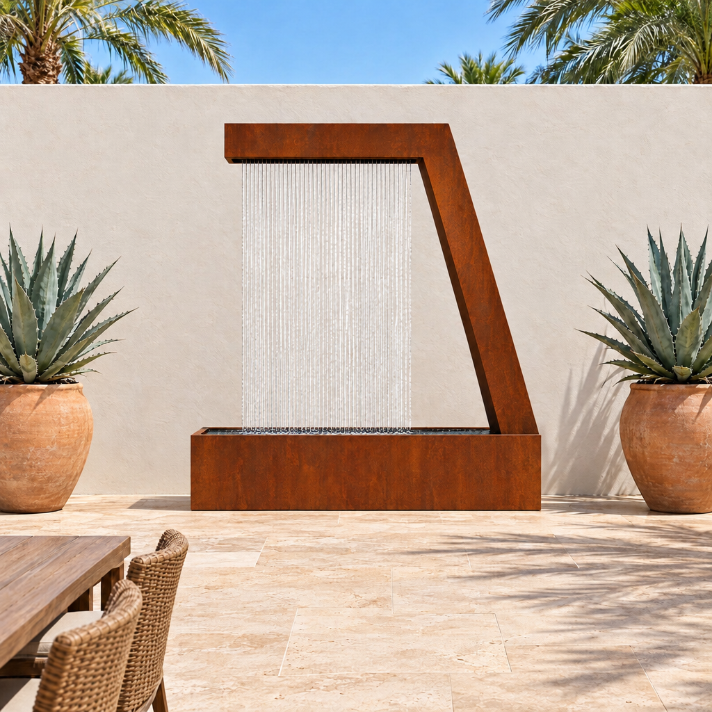 Corten steel Zura Flow rain curtain fountain on a travertine patio against a white stucco wall between two potted agaves