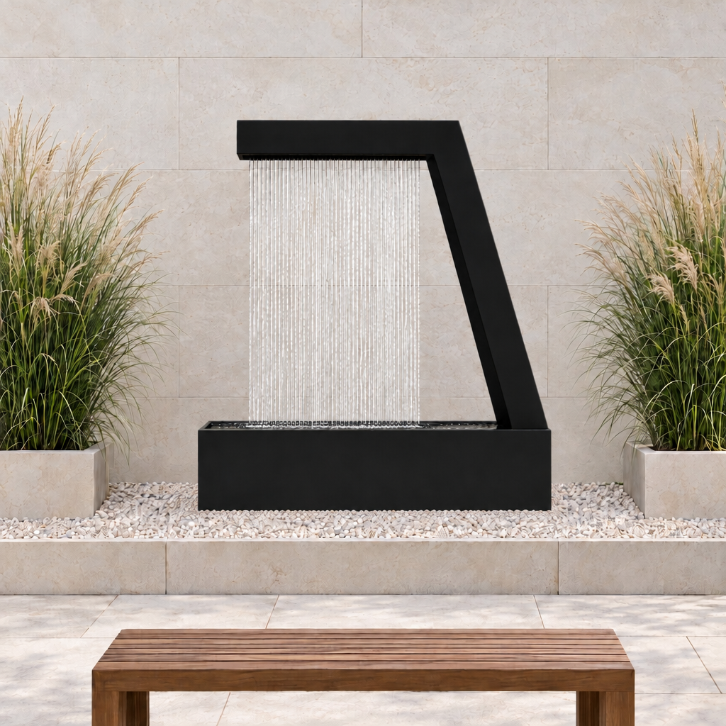 Black powder-coated Zura Flow rain curtain fountain in a gravel bed against a limestone wall with ornamental grasses