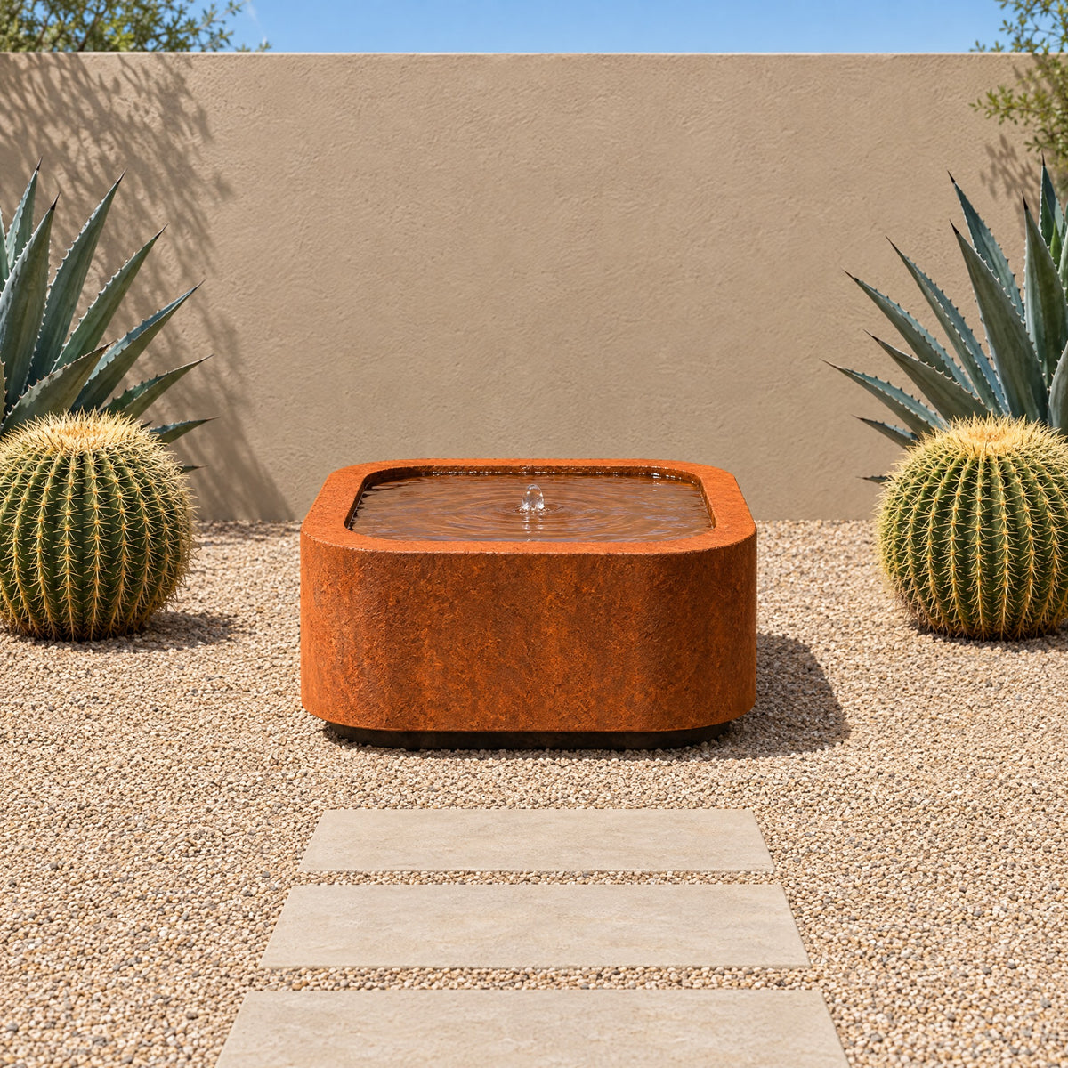 Corten steel Mesa Soft Square fountain on a gravel bed in a desert garden between two barrel cacti