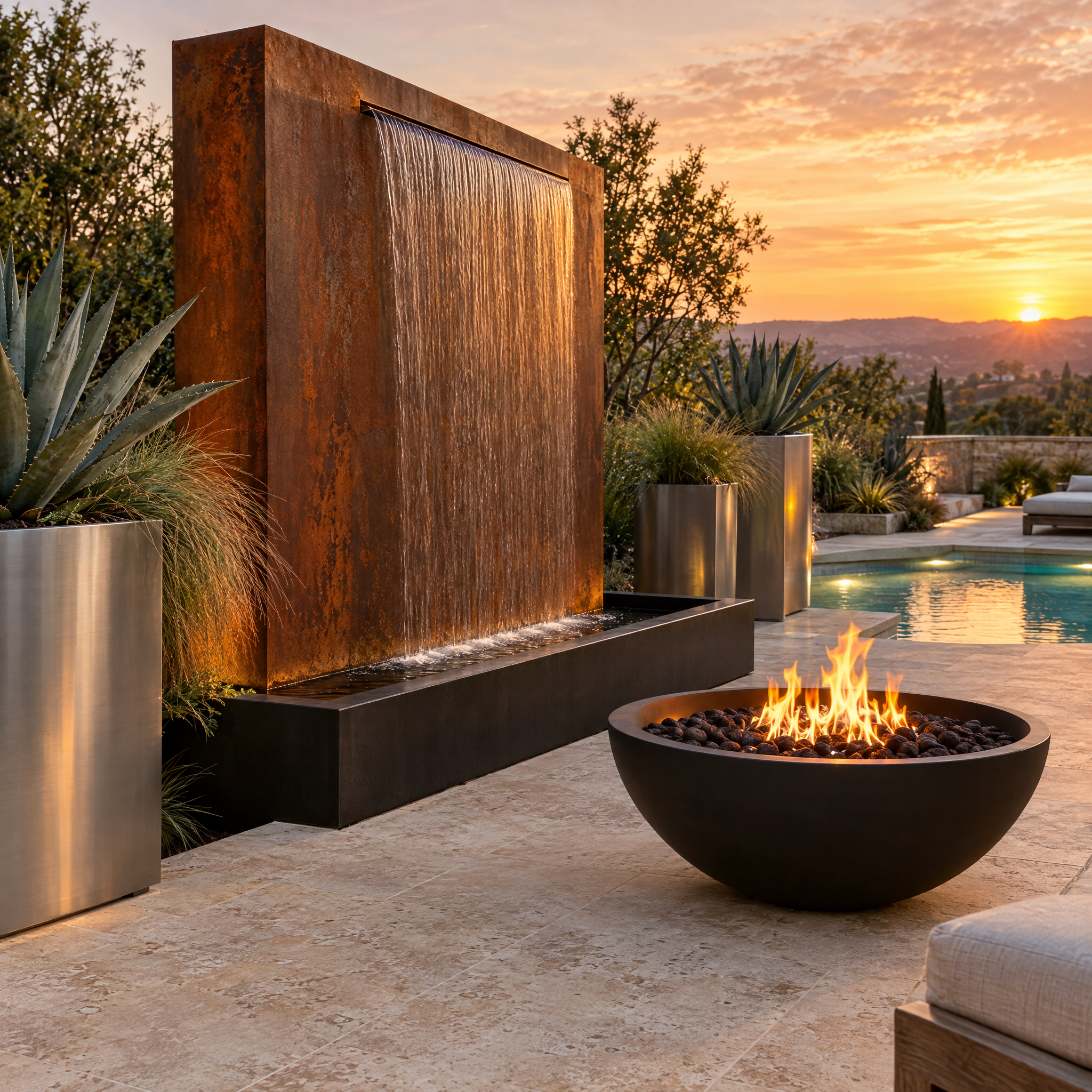 Modern backyard with a custom Corten steel water wall, a black powder-coated steel fire bowl and brushed stainless steel planters at sunset