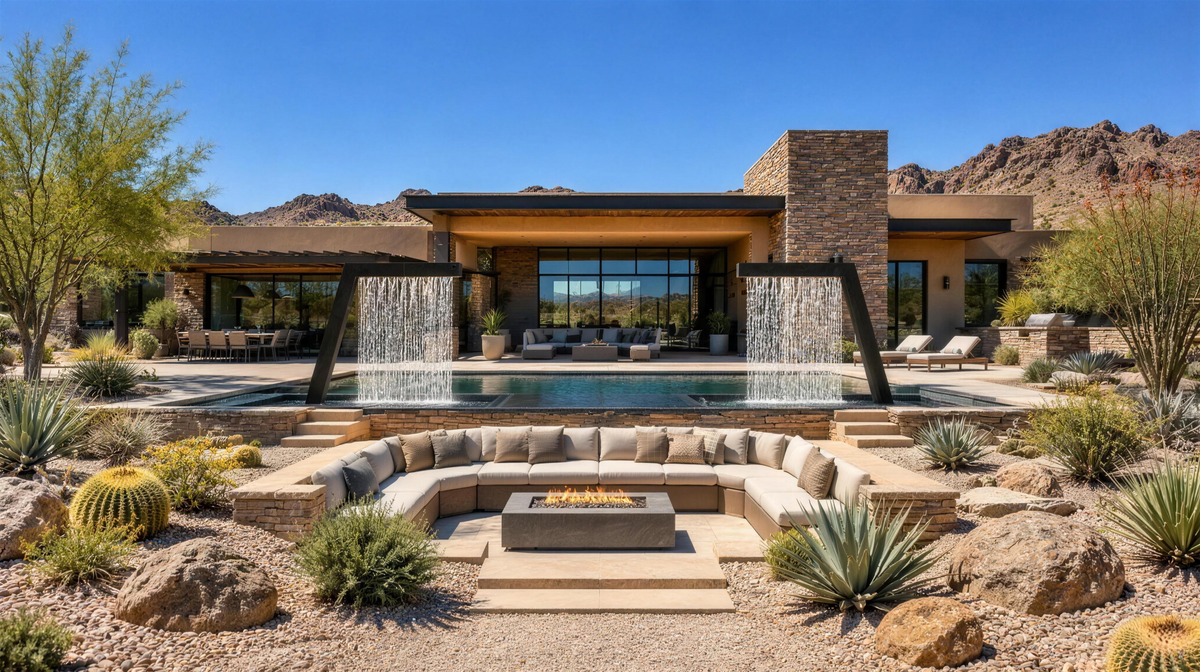 Modern desert patio with black steel water walls, sunken fire pit lounge, and mountain backdrop