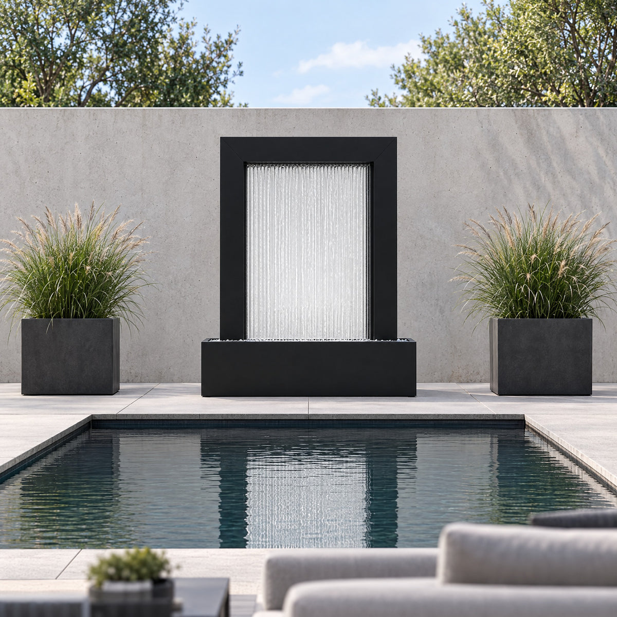 Serenity Frame black powder coated rain curtain fountain at the end of a modern reflecting pool