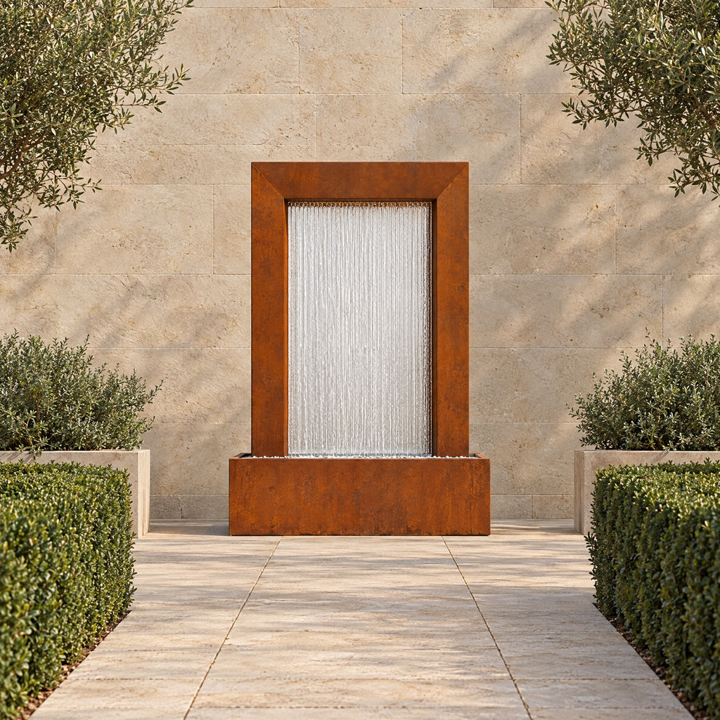 Serenity Frame corten steel rain curtain fountain as the focal point of a stone garden path with clipped hedges