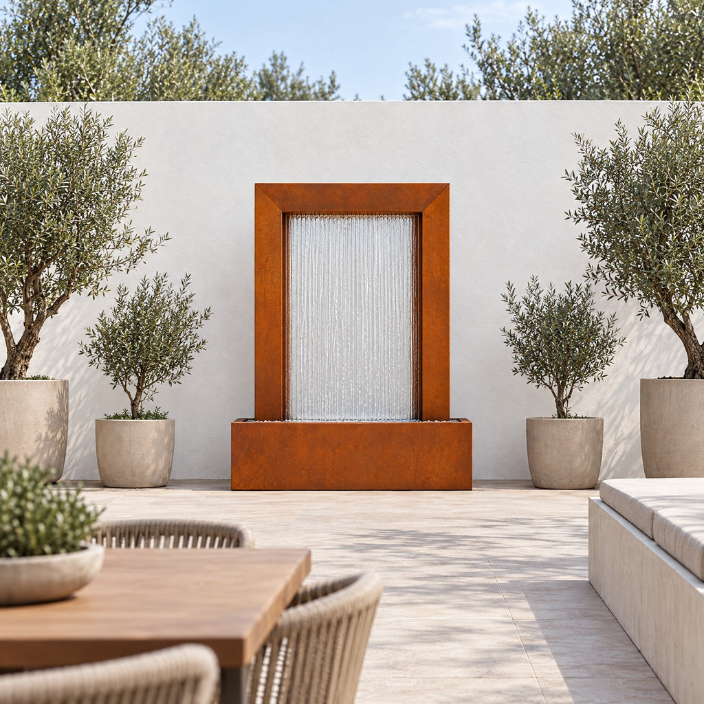Serenity Frame corten steel rain curtain fountain against a white terrace wall with potted olive trees