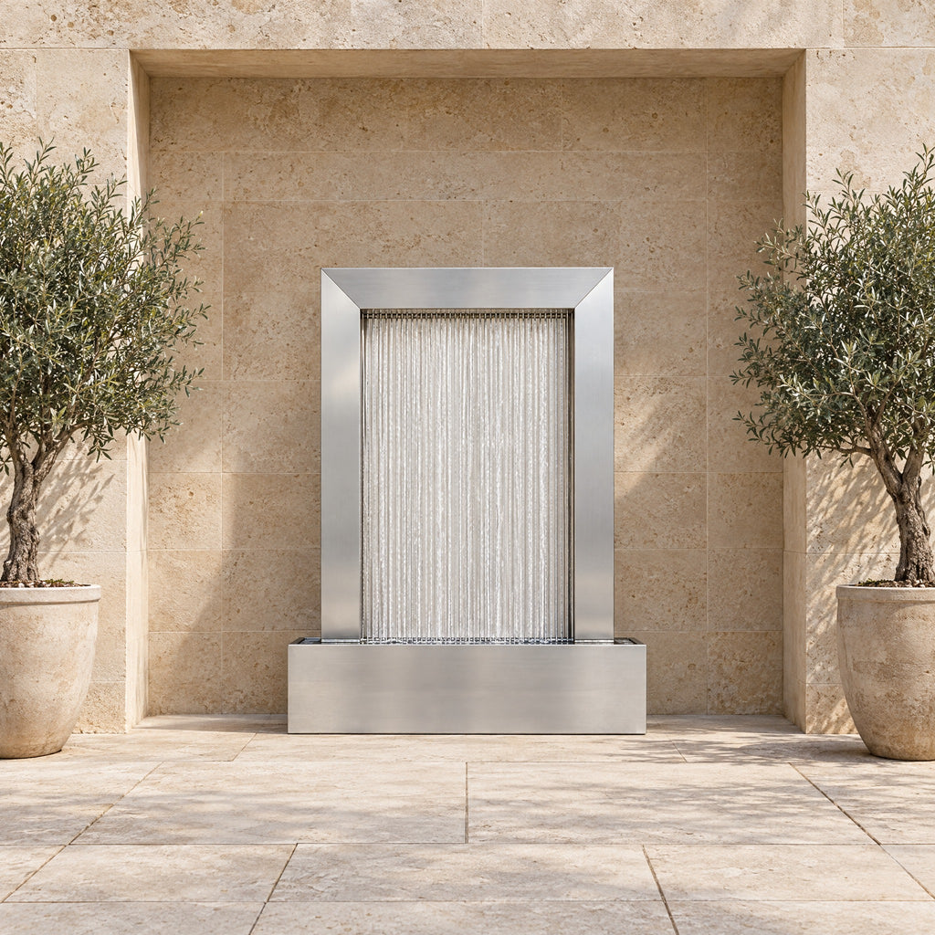 Serenity Frame stainless steel rain curtain fountain in a limestone wall niche between two potted olive trees