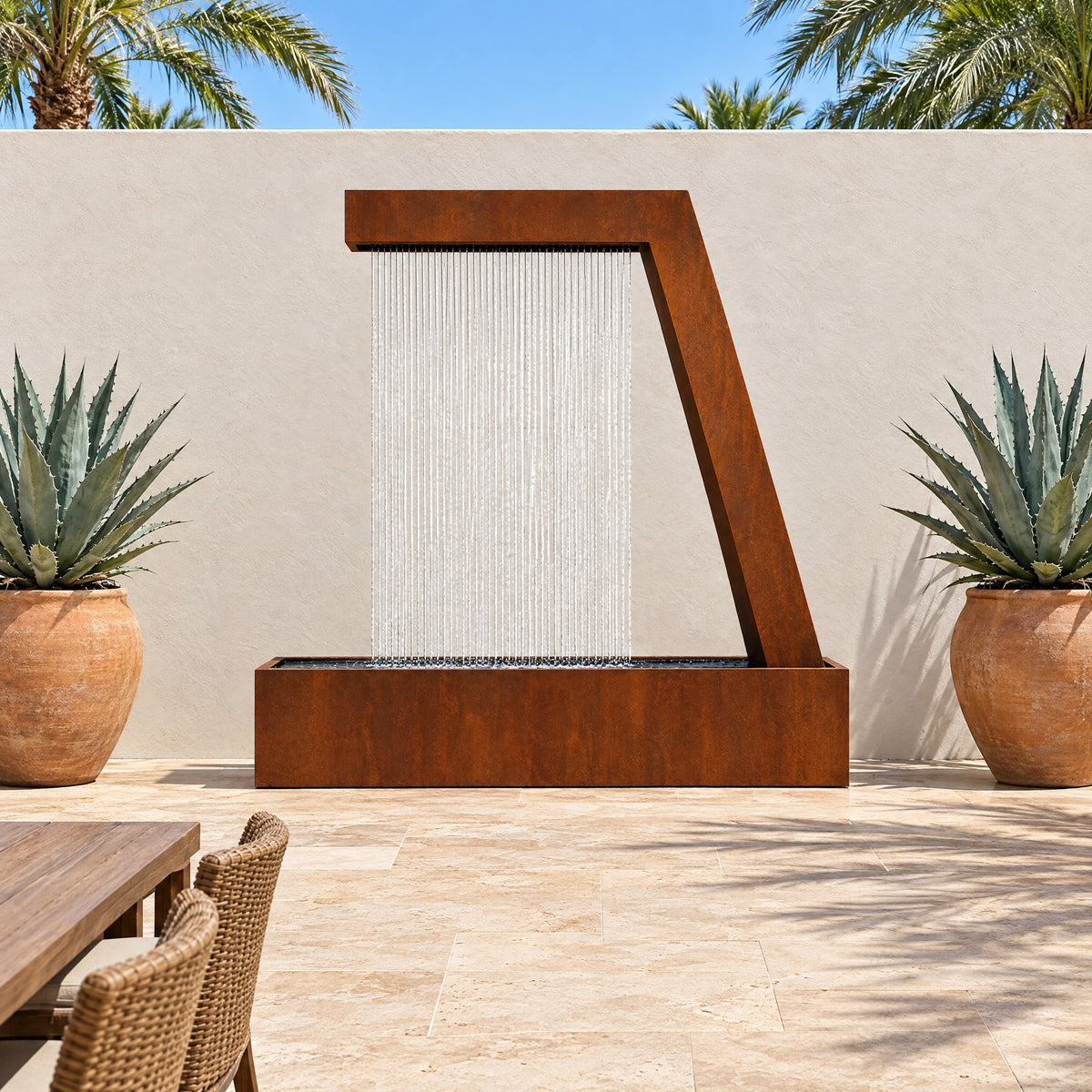 Corten steel Zura Flow rain curtain fountain on a travertine patio against a white stucco wall between two potted agaves