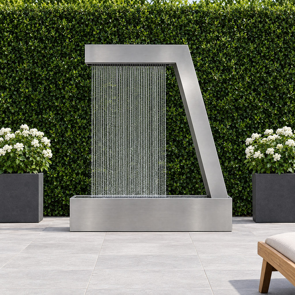 Stainless steel Zura Flow rain curtain fountain on a modern terrace in front of a green hedge wall