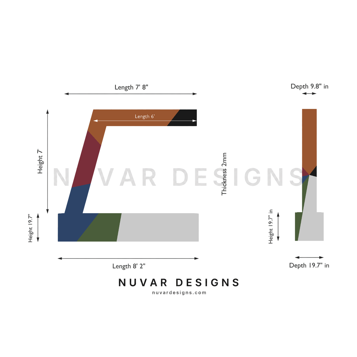 Zura Flow 7ft size guide with dimensions, custom color finish