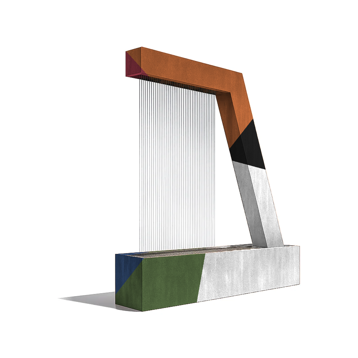 Zura Flow rain curtain fountain in a custom multi-color finish on a white background, shown with color blocks
