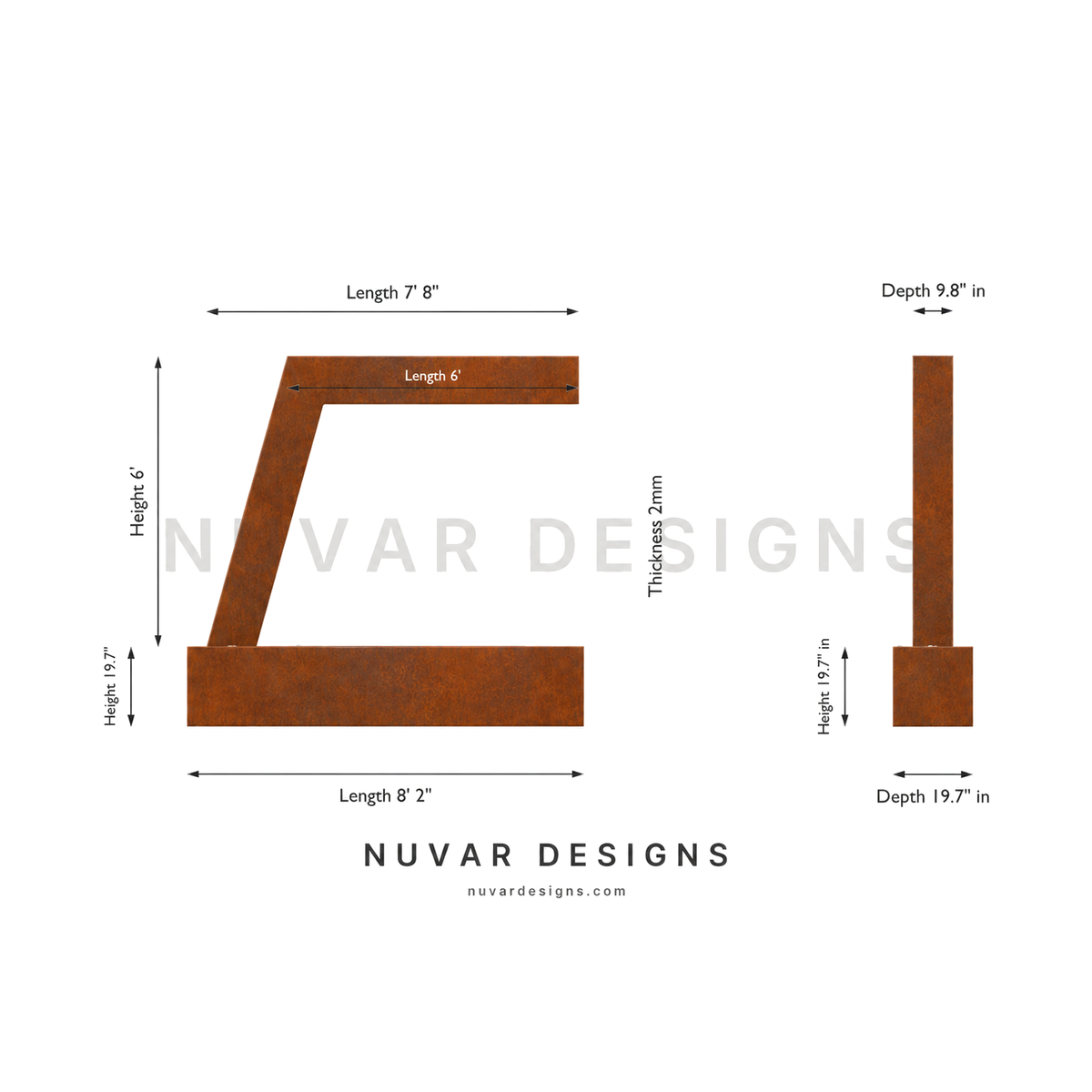 Zura Flow 6ft size guide with dimensions, corten finish
