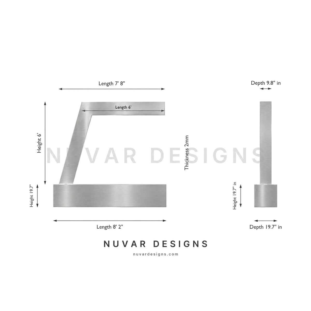 Zura Flow 6ft size guide with dimensions, stainless finish